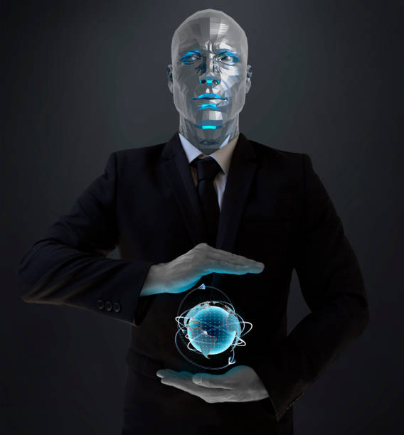 istock Cyborg Businessman Showing Virtual World 1169973765
