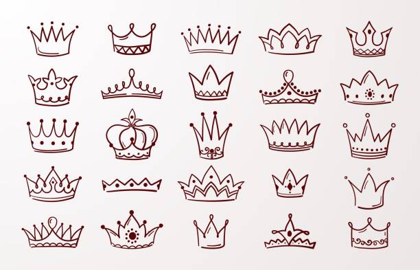 ilustrações de stock, clip art, desenhos animados e ícones de hand drawn crown set. sketch queen or king beauty doodle crowns. vector vintage ink jewel tiara isolated icons - grunge shield coat of arms insignia