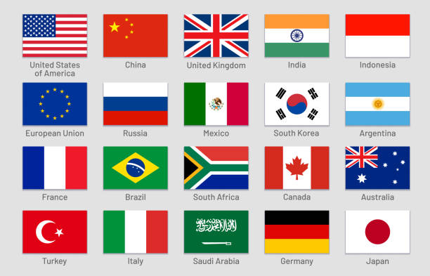 illustrazioni stock, clip art, cartoni animati e icone di tendenza di bandiere dei paesi del g20. principali stati delle economie avanzate ed emergenti del mondo, set di vettori ufficiali delle etichette di bandiera del gruppo dei venti - argentina arabia saudita