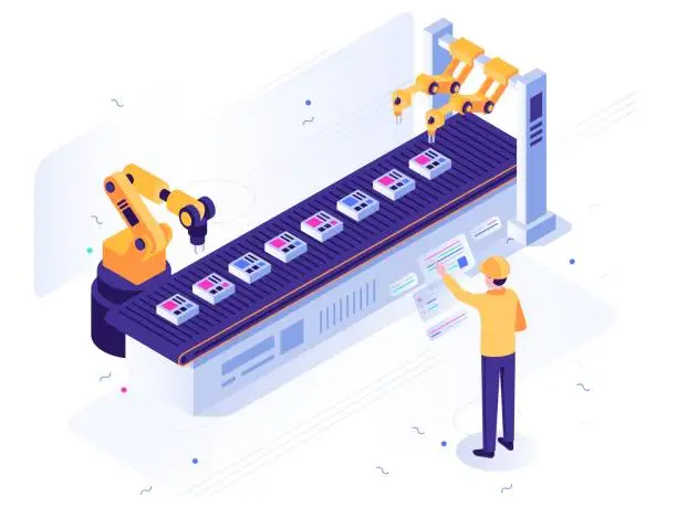 Vector illustration of Isometric robotic factory. Engineer operates robotic conveyor, automatic robot arm and industrial manufacture vector illustration