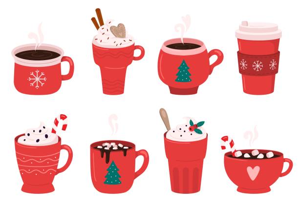 Christmas holiday coffee mug. Cocoa with marshmallows, winter warming drinks and hot espresso cup vector illustration set Christmas holiday coffee mug. Cocoa with marshmallows, winter warming drinks and hot espresso cup. Xmas hot chocolate mugs or winter cappuccino and latte cups. Isolated vector illustration icons set cinnamon stick spice food stock illustrations