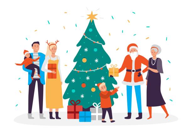 ilustrações, clipart, desenhos animados e ícones de a família feliz decora a árvore de natal. decorações do feriado e festões do xmas, povos que decoram 2020 ilustração do vetor da árvore do ano novo - natal familia