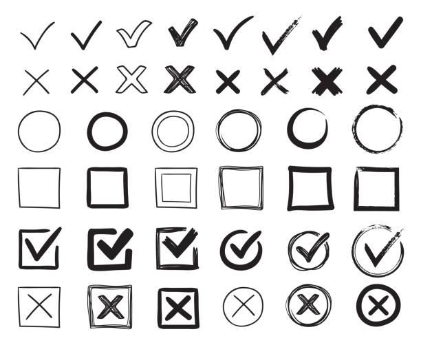 Doodle check marks. Hand drawn checkbox, examination mark and checklist marks. Check signs sketch vector illustration set Doodle check marks. Hand drawn checkbox, examination mark and checklist marks. Check signs sketch, voting agree checklist mark or examination task list. sign Isolated vector illustration symbols set voting drawings stock illustrations