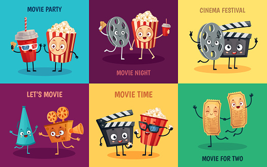 Cartoon cinema characters. Funny popcorn, cinema tickets and 3D movie glasses friends mascots. Cinematograph entertainment reel, popcorn and camera mascot poster vector illustration set