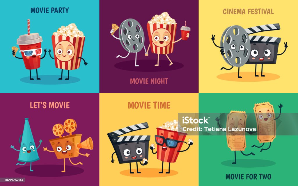 Cartoon Cinema Characters Funny Popcorn Cinema Tickets And 3d Movie Glasses  Friends Mascots Vector Illustration Set Stock Illustration - Download Image  Now - iStock