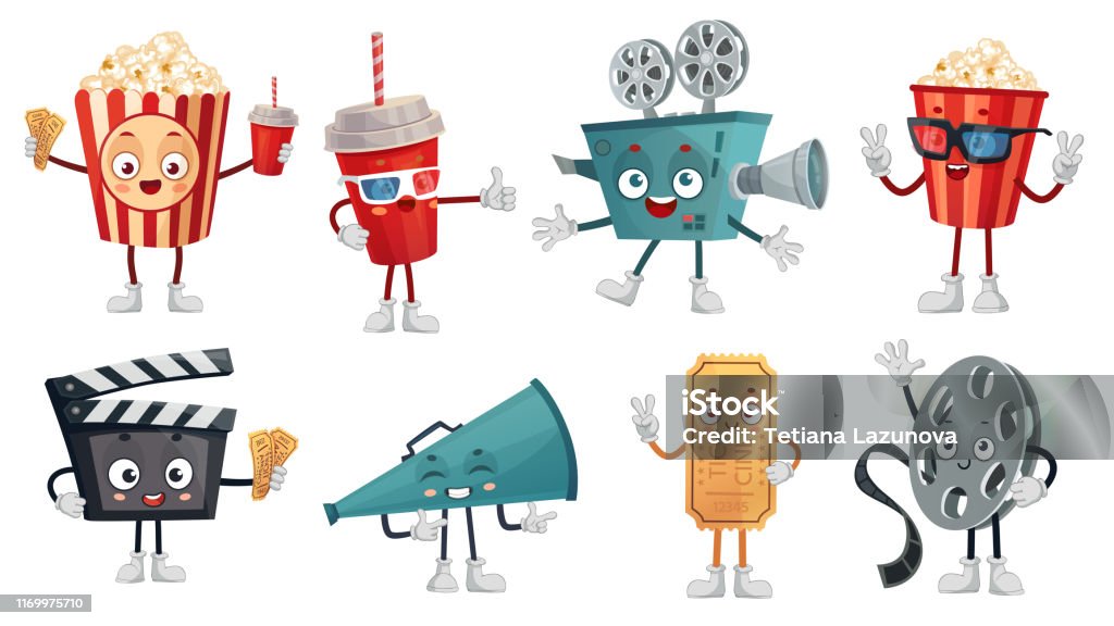 Cartoon Cinema Mascot Popcorn In 3d Glasses Funny Movie Film Camera And  Cinemas Tickets Characters Vector Illustration Set Stock Illustration -  Download Image Now - iStock