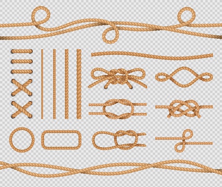 Ship rope elements. Realistic marine loops and knots. Nautical ropes with marine node. Vector isolated set on transparent background