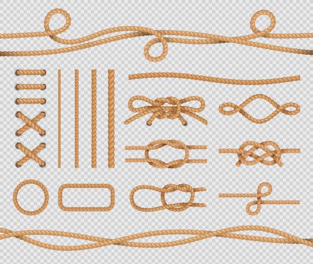 Ship rope elements. Realistic marine loops and knots. Nautical ropes. Vector isolated set on transparent background Ship rope elements. Realistic marine loops and knots. Nautical ropes with marine node. Vector isolated set on transparent background tied knot stock illustrations