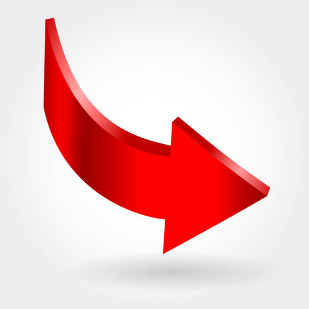 czerwona strzałka w dół i neutralne białe tło. ilustracja 3d - moving down arrow sign symbol three dimensional shape stock illustrations