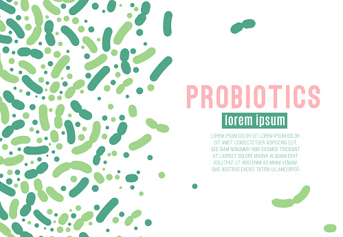 Probiotics, prebiotics. Normal gram-positive anaerobic microflora background. Editable horizontal vector illustration in light green colors. Simplistic style. Medical, healthcare and scientific concept