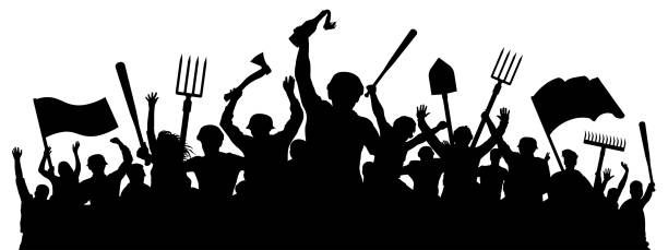 ilustrações de stock, clip art, desenhos animados e ícones de angry crowd of people. mass riots. protest revolution silhouette vector - riot