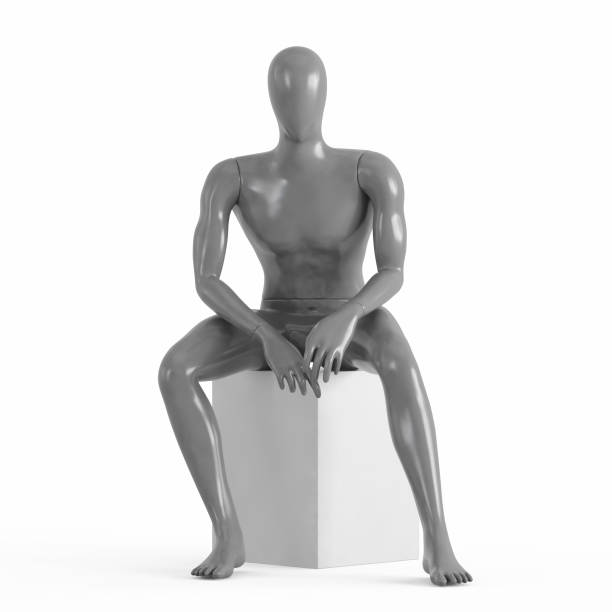 istock The gray mannequin sits forward. rendering on a white background 1169981934