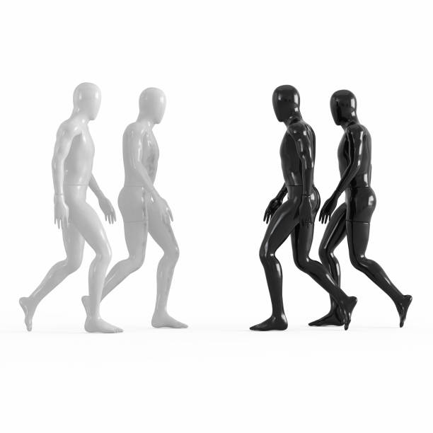istock Two white and two black mannequins go towards each other. 3d on a white background 1169981938