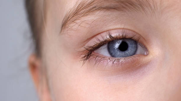 istock Child with blue eyes looking into camera, vision check, ophthalmology close-up 1169982431