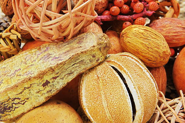 Potpourri table decoration of orange and beige fruit nuts and berries.