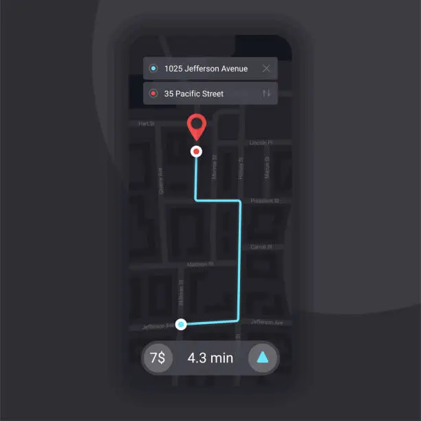 Vector illustration of Taxi GPS Locator. City Map Navigation. Mobile App User Interface concept design. Dark theme. UI Template