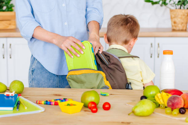 Closeup view of mother putting lunch box into her son's backpack Closeup view of mother putting lunch box into her son's backpack in the kitchen bag lunch stock pictures, royalty-free photos & images
