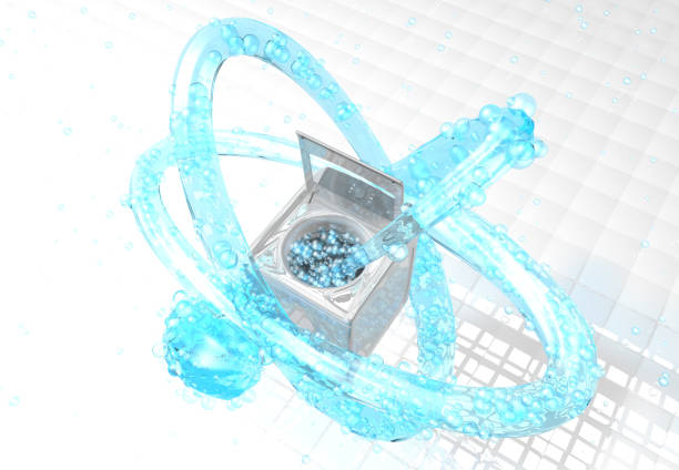 Blue water jet with bubbles comes out of the interior of a laundry machine and turns 3 times around the washing machine on a white square floor. 3D Illustration Top view of blue water jet with bubbles comes out of the interior of a laundry machine and turns 3 times around the washing machine on a white square floor. 3D Illustration washing machine drum stock pictures, royalty-free photos & images