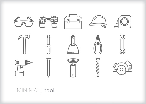 Set of 15 tool line icons for woodworking, construction and hobbyists