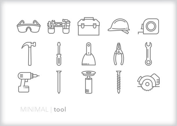 Tool line icon set Set of 15 tool line icons for woodworking, construction and hobbyists hard hat stock illustrations