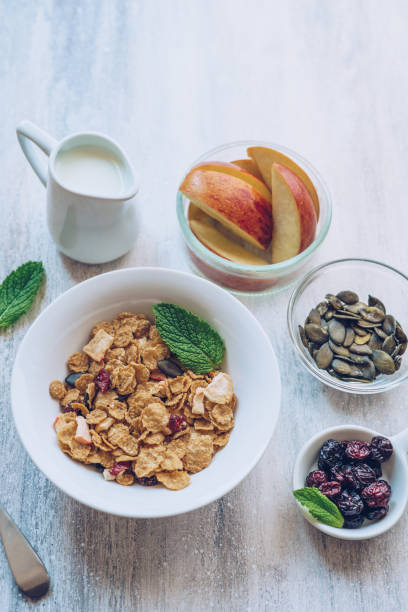 istock Bowl of breakfast cereal with fuits and milk 1169990402