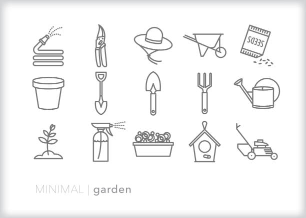 Home garden line icon set Set of 15 garden line icons for growing flowers and vegetables in the yard garden fork stock illustrations