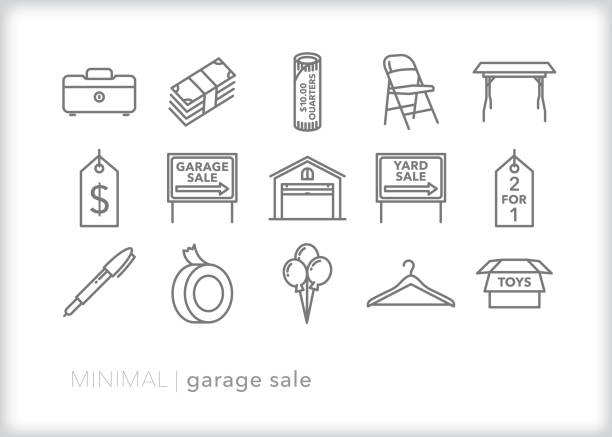 Garage sale line icon set Set of 15 garage sale, yard sale, rummage sale line icons for clearing items out of a home folding chair stock illustrations