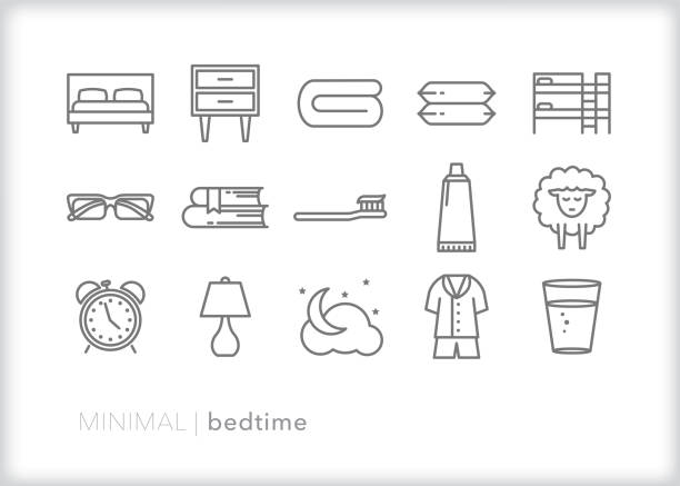 Bedtime line icon set Set of 15 bedtime line icons for the routines of getting ready for bed and going to sleep sleeping icons stock illustrations