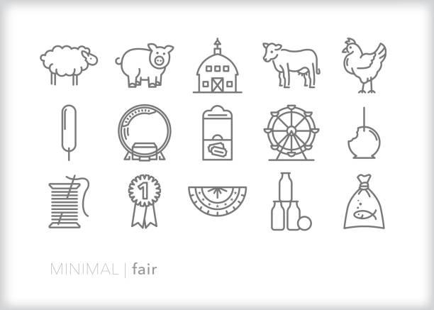 County fair and state fair line icon set Set of 15 fair line icon for competition of livestock, agriculture and crafts as well as midway rides and games goldfish snack stock illustrations