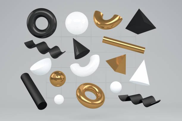 3D Abstract Flying Geometric Shapes on Gray Background