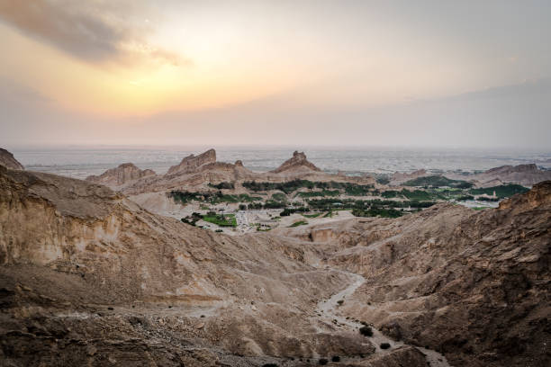 view from the top of jebal hafeet, uae view to al ain and oman from the top of the historic mountain jebel hafeet jebel hafeet stock pictures, royalty-free photos & images