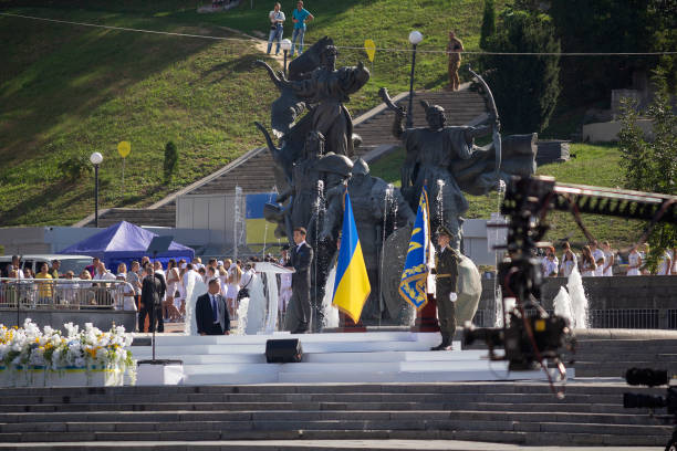 President of Ukraine Vladimir Zelensky during the celebration of Independence Day on Independence Square stock photo