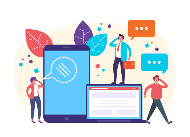People character talking by phone. Social communications concept. Vector flat graphic design illustration People character talking by phone. Social communications concept. Vector flat graphic design social listening stock illustrations