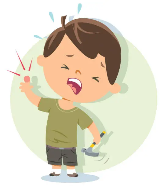 Vector illustration of boy hitting finger.