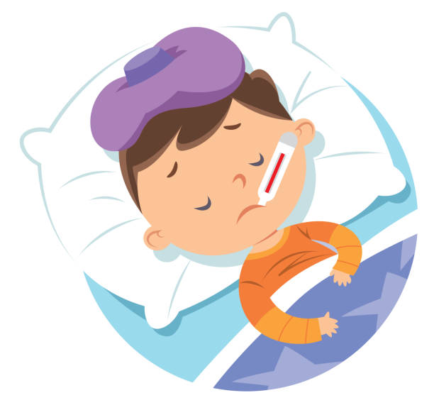 Sick child in bed Vector sick child in bed cartoon thermometer stock illustrations