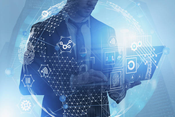 istock Man with laptop, global business interface 1169999029