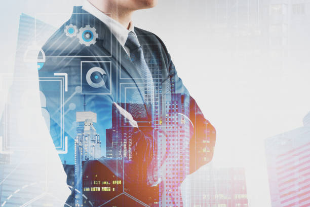 istock Confident businessman in city, business interface 1169999037