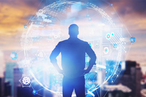 istock Businessman in city, global business interface 1169999204