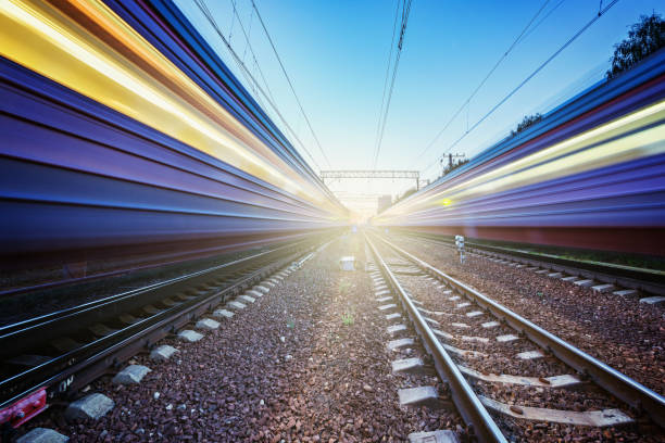 istock Two trains move fast to the different directions. 1170006348