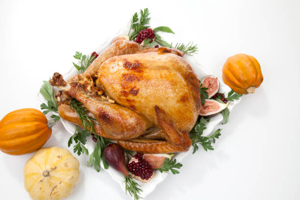 istock Traditional Roasted Turkey on White With Pumpkin 1170007691
