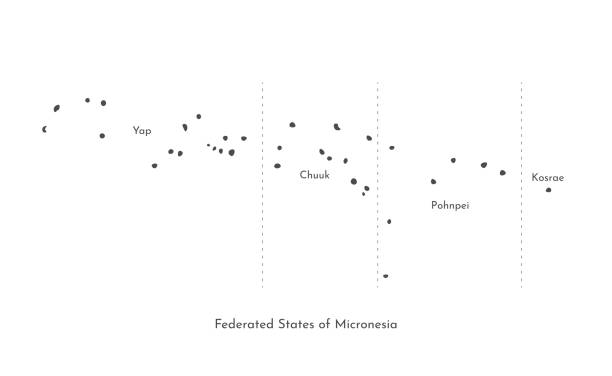 illustrations, cliparts, dessins animés et icônes de illustration isolée de vecteur de carte administrative simplifiée des états fédérés de micronésie. frontières et noms des états (chuuk, kosrae, pohnpei, yap). silhouettes noires - federated