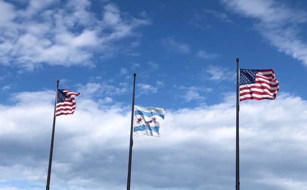 istock American flags flying with the Chicago flag 1170010567
