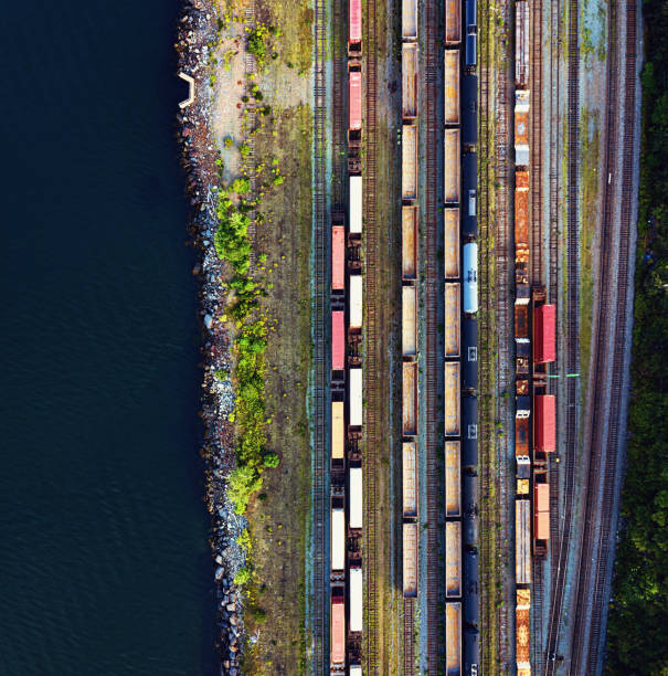 Aerial View of Rail Yard Aerial drone view of a large rail yard. shunting yard stock pictures, royalty-free photos & images