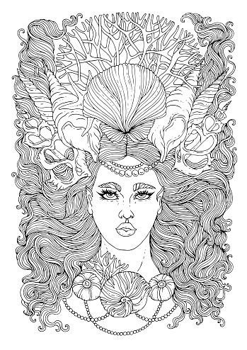 Vector hand drawn portrait of a mermaid girl with developing wavy hair with a crown and a necklace of seashells and corals. Ornamental Coloring page sea nymph. Fairy tale mythical characters t-shirts siren Isolated on a white background.