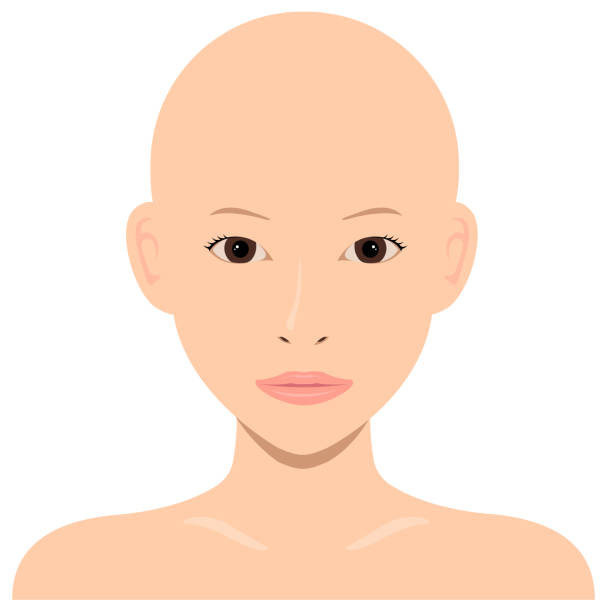illustrazioni stock, clip art, cartoni animati e icone di tendenza di giovane donna asiatica faccia illustrazione vettoriale / testa della pelle, senza capelli - waist up