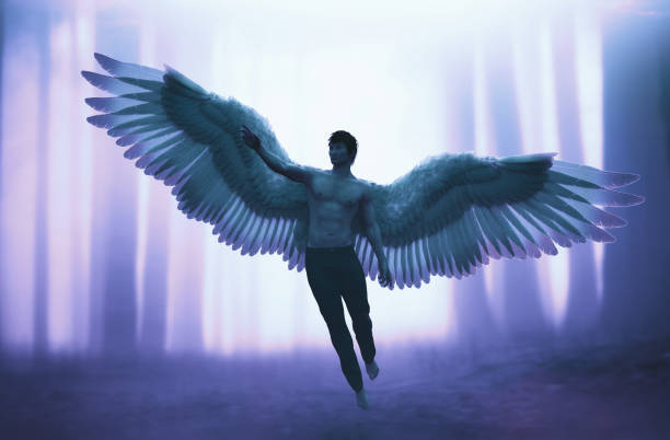 View of the beautiful Angel Golden wings statue for a garden on white background