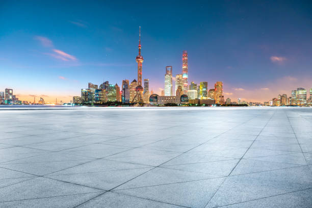 istock Empty floor and modern city scenery at night in Shanghai,China. 1170026043