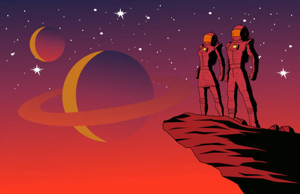 illustrazioni stock, clip art, cartoni animati e icone di tendenza di coppia di astronauti retrò vettoriale su un pianeta con illustrazione di sfondo dello spazio esterno - futuristico illustrazioni