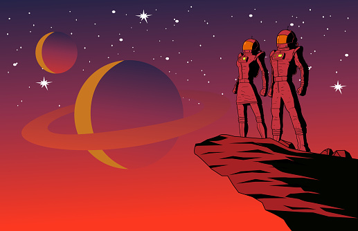 A retro style vector illustration of a couple of astronauts standing on top of a cliff on a planet with outer space background. Wide space available for your copy.