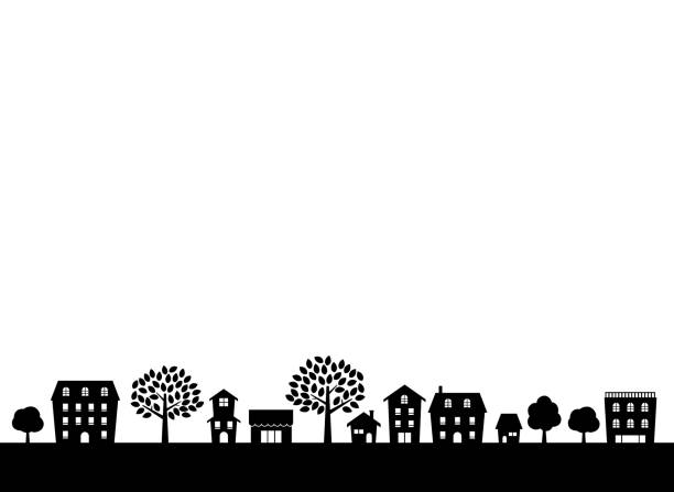 レトロな街並みのシルエット - skyline silhouette cityscape residential district点のイラスト素材／クリップアート素材／マンガ素材／アイコン素材